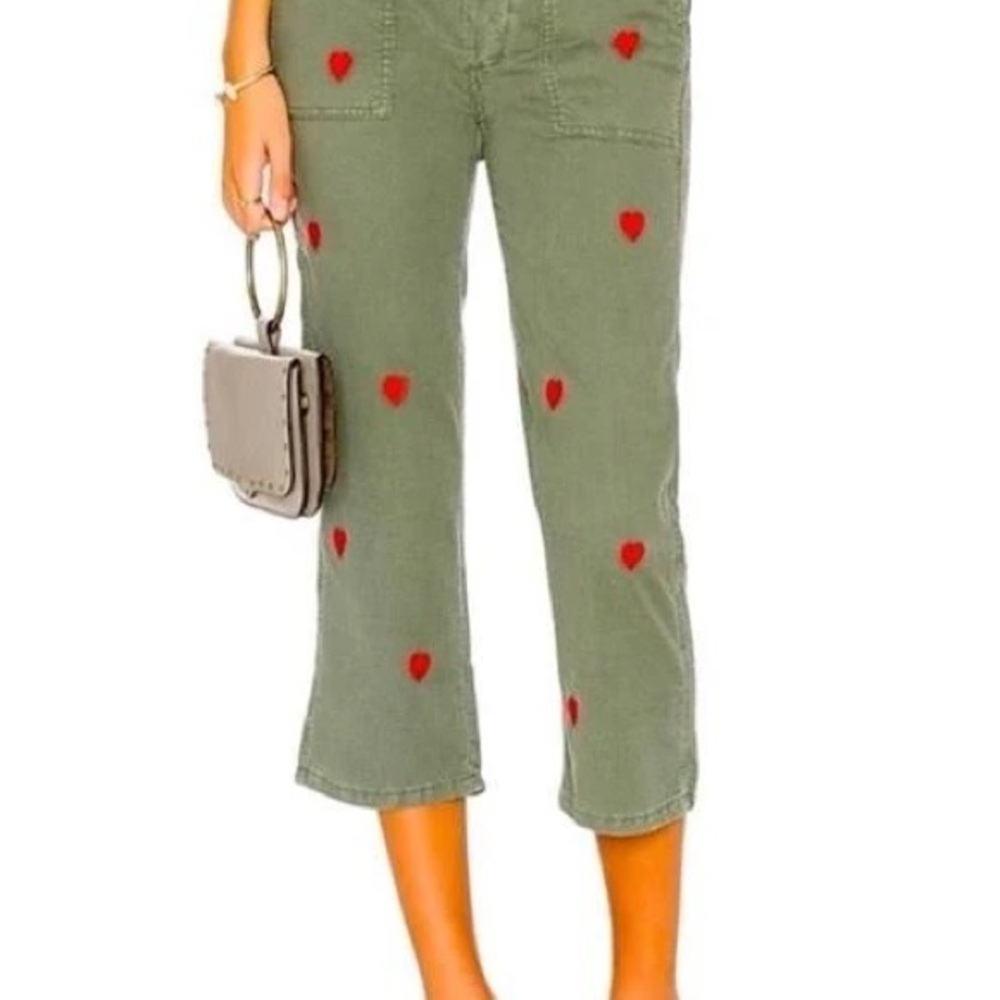 THE GREAT. Olive Capris with Red Heart Details - READ